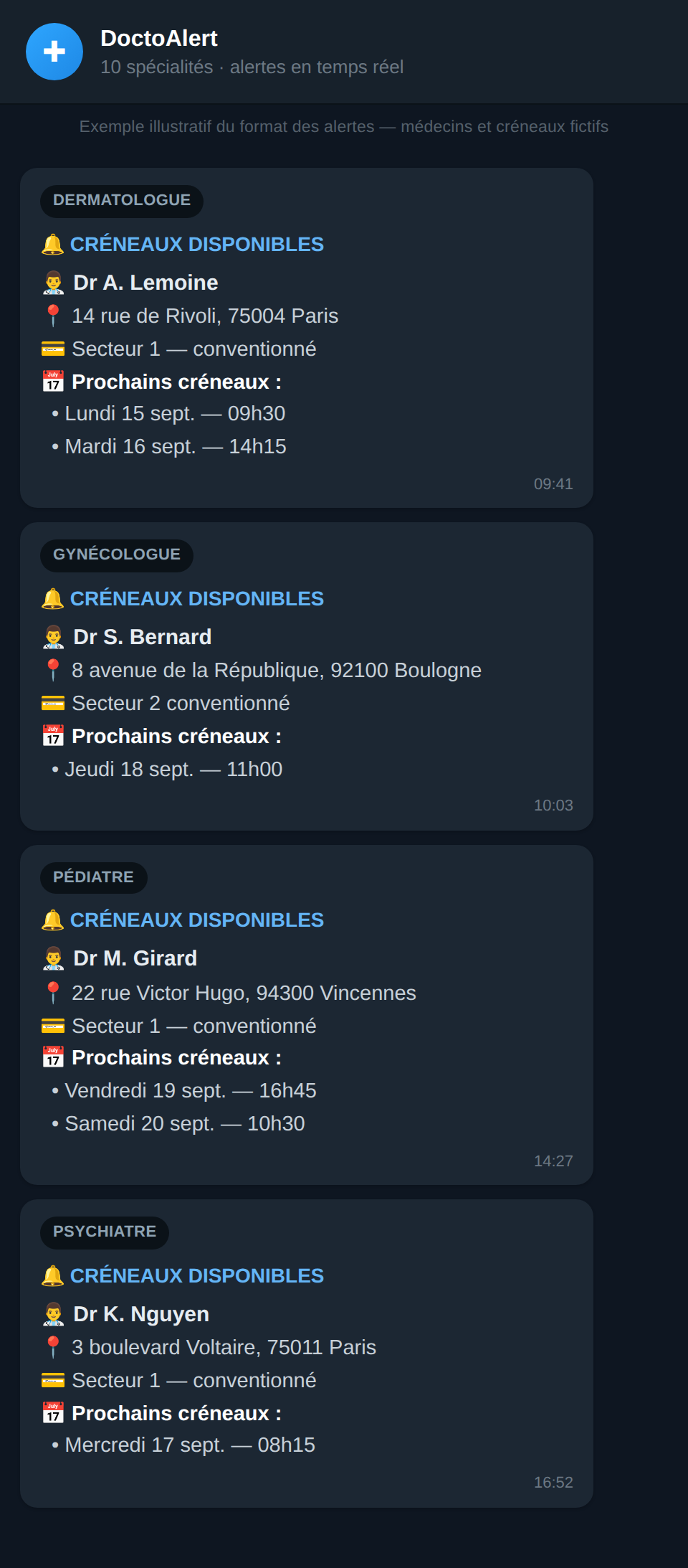 Exemple d'alertes DoctoAlert reçues sur Telegram, pour plusieurs spécialités